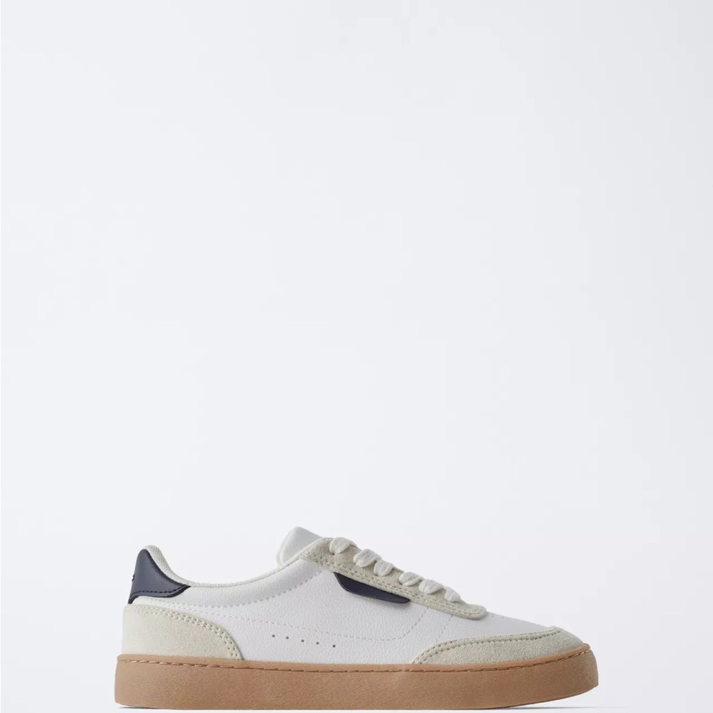 ZARA White and Tan LEATHER Sneakers with Navy Accents